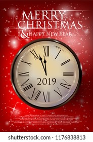 Christmas backgrounds with wooden clock. Isolated on a red snowy background.