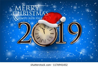 Christmas backgrounds with wooden clock. Isolated on a blue snowy background. Vector illustration. With a Santa Claus hat.