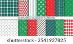 Christmas backgrounds. Xmas seamless pattern. Holiday wrapping paper. Textures with tree, zigzag, plaid, stripe, snowflake, star. Set green red prints. New year festive wallpaper. Vector illustration