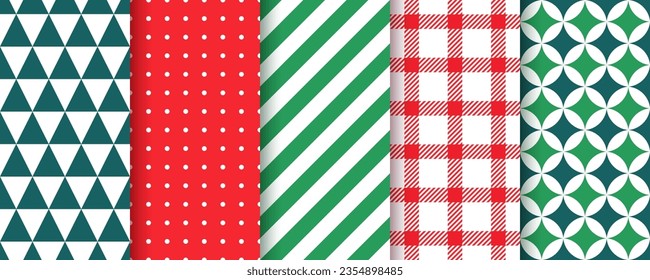 Christmas backgrounds. Xmas seamless pattern. Holiday wrapping paper textures with stripes, triangles, polka dots and plaid. New year festive prints. Set red green backdrops. Vector illustration