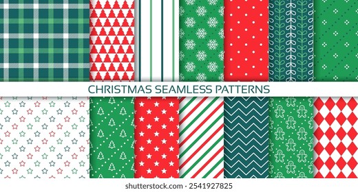 Christmas backgrounds. Xmas seamless pattern. Holiday wrapping paper. Textures with tree, zigzag, plaid, stripe, snowflake, star. Set green red prints. New year festive wallpaper. Vector illustration