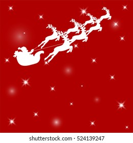 Christmas background.Santa in a sleigh with reindeer sled in white on a red background