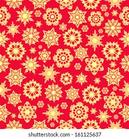 Christmas background.seamless pattern of golden snowflakes on a red background.winter design.vector