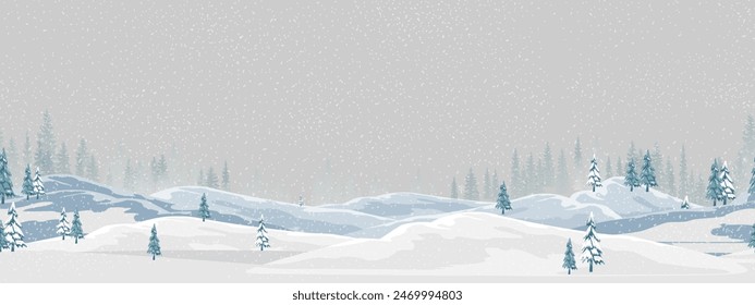 Christmas Background,Seamless Pattern panoramic Winter Village Landscape blue sky with snow on forest pine tree on moutains,Vector Xmas horizon banner Winter wonderland forest,New Year 2025 	