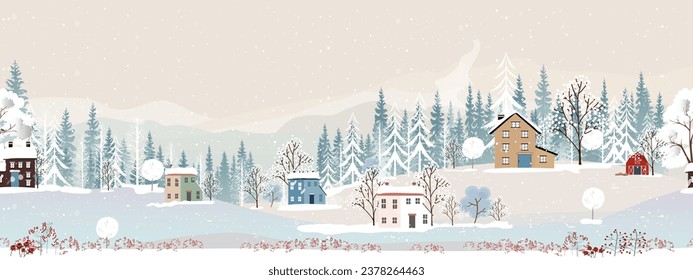 Christmas background,Seamless pattern Winter landscape at night in countryside,Vector seamless horizon banner winter wonderland with house and forest pine tree,Backdrop New Year Holiday Celebrating 