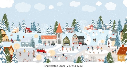 Christmas Background,Seamless Pattern Winter Landscape sky cloud and snow on tree,People celebration Xmas eve in city park at night the town,Vector illustration panorama village with house and forest 