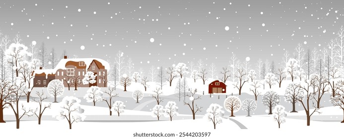 Christmas Background,Seamless pattern of Winter Village landscape with snow banner for Xmas,New Year 2025 card,Nature Night Sky with Snow covering tree in park,Vector horizon Winter wonderland forest 