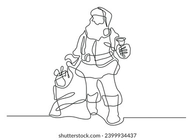 christmas background.single line vector santa klaus.continuous line santa klaus bringing gifts