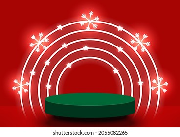 Christmas background.Stage podium decorated with step neon lighting round shape, snowflake, star.Christmas scene. Green 3d circle pedestal for products show, on a red background. Vector illustration.