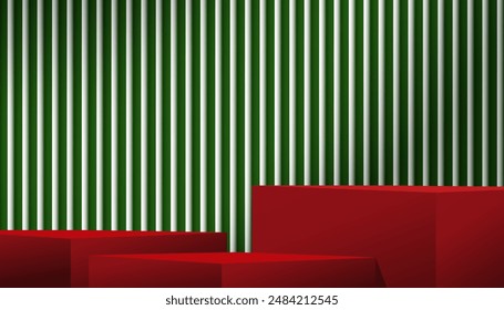 Weihnachtsmusiken Hintergrund, Studio Room 3d Podium Display mit Licht,Shadow on Green Corrugated Texture Waves Wall, Vektorgrafik Platform Room Interieur mit abstrakten Ebenen dekorative Kulisse für Neues Jahr 2025