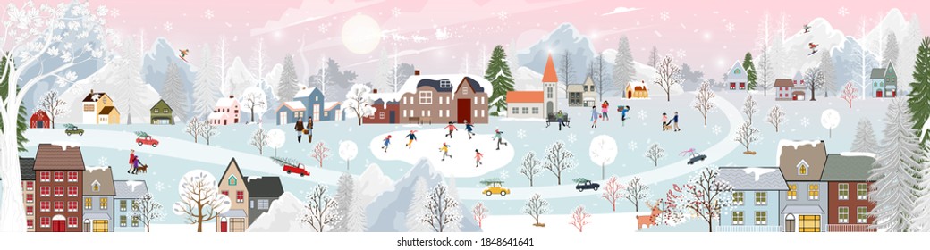 Christmas Background,Winter city landscape people celebration on street in town with snow falling on tree,Vector Cute banner Happy Family,Children having fun in village at night on New Year Eve 2025