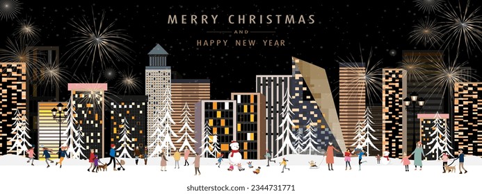 Christmas background,Winter city landscape people celebrating on Christmas night or New Year,Vector horizontal banner winter wonderland with firework in the town with happy kids playing in the park 