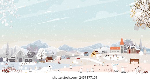 Christmas Background,Winter city landscape people celebration on street in town with snow falling on tree,Vector Cute banner Happy Family,Children having fun in village at night on New Year Eve 2025