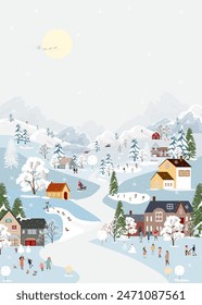 Christmas Background,Winter city landscape people celebration on street in town with snow falling on tree,Vector Cute banner Happy Family,Children having fun in village at night on New Year Eve 2025