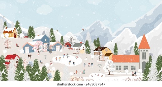 Christmas Background,Winter city landscape people celebration on street in town with snow falling on tree,Vector Cute banner Happy Family,Children having fun in village at night on New Year Eve 2025
