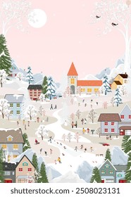 Navidades Fondo, Paisaje de la ciudad de invierno celebración de la gente en la calle en la ciudad con la nieve que cae en el árbol, Vector Lindo Anuncio Familia feliz, Niños que se divierten en la aldea por la noche en la Nueva víspera de año 2025