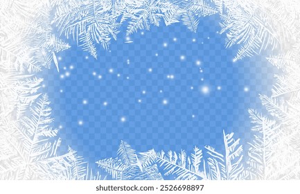 Navidades de fondo, bosque de invierno cubierto de árboles de helada y cielo azul nevado, nublado. Vector de dibujos animados horizonte bosque de coníferas con nieve que cae, Anuncio o tarjeta de felicitación para el Nuevo año 2025