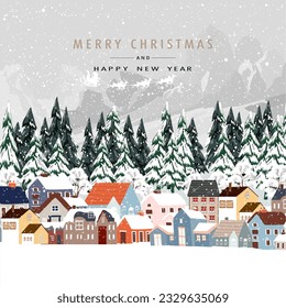 Christmas Background,Winter forest landscape in village,Fir Trees in Snowy day.Vector cartoon horizon coniferous forest with snow falling at night,Backdrop banner for Christmas,New Year 2024 