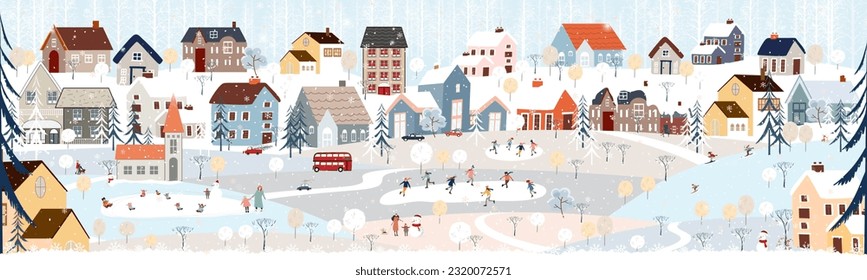 Antecedentes de Navidad, Paisaje invernal en Navidad, de noche en la ciudad, Caricatura vectorial lindo Invierno Maravilla en la ciudad, Celebración de la gente en el parque en Año Nuevo, Diseño de Banner para la temporada de Navidad 