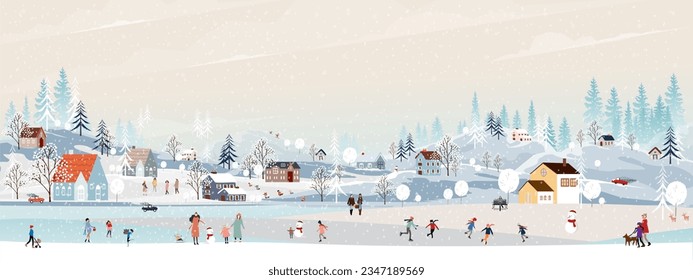 Christmas background,Winter Landscape in Christmas eve at night in City,Vector cute cartoon Winter Wonderland in the town,People celebration in the park on New Year,Banner Design for Holiday season