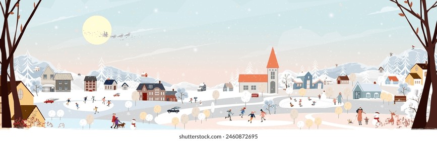 Fondo de Navidades, Paisaje invernal en Navidades vísperas de la noche en la ciudad, Vector lindo de dibujos animados Winter Wonderland en la ciudad, celebración de Personas en el parque en el año Nuevo 2025 Diseño para la temporada de Festiva 