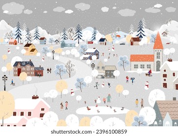 Antecedentes de Navidad, Paisaje invernal en Navidad, de noche en la ciudad, Caricatura vectorial lindo Invierno Maravilla en la ciudad, Celebración de la gente en el parque en Año Nuevo, Diseño de Banner para la temporada de Navidad