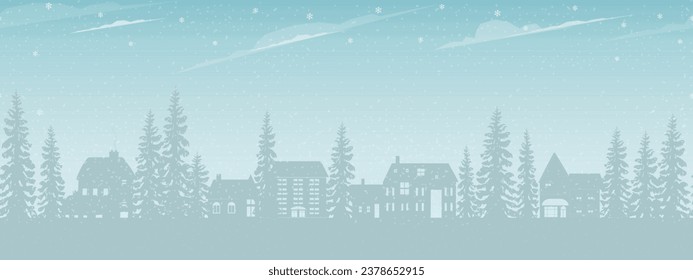 Christmas background.Winter landscape forest with snowy. Seamless pattern border with houses, fir trees and snowflakes on blue sky and clouds background.Vector illustration banner for New Year 2024 