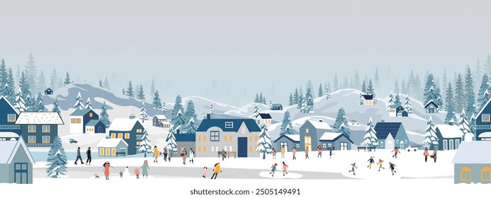 Christmas Background,Winter landscape people celebration in town in city with snow at night,Xmas Seamless pattern Winter wonderland,Vector Holizon banner Cute village house for New Year background 