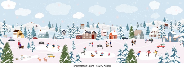 Christmas Background,Winter Landscape sky cloud and snow on tree, People celebration Xmas eve in city park at night the town,Vector illustration panorama village with house and forest on mountain 