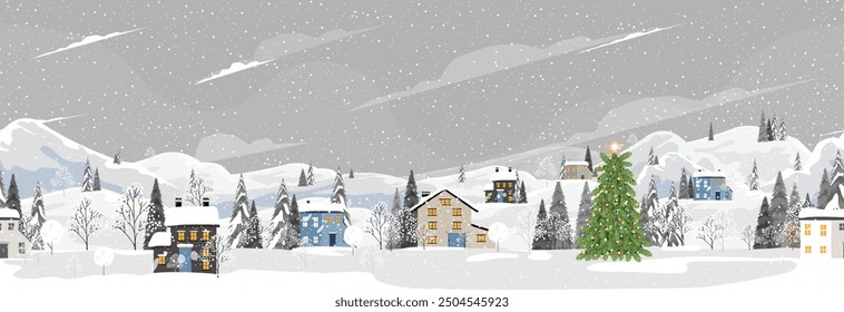 Christmas Background,Winter landscape village with snow at night,Xmas Seamless pattern Winter wonderland in town,Vector Holizon banner Cute New Year background with forest trees,house and park in city