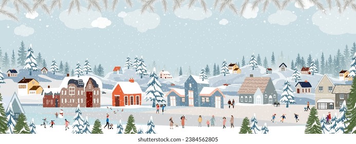 Christmas background,Winter landscape,Celebrating Christmas,New Year 2024 in village at night with people playing ice skate in the park,Vector horizontal banner winter wonderland in village