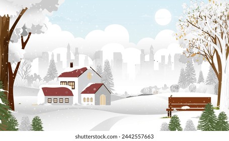 Christmas background,Winter landscapes blue sky,cloudscape,city park with cat sleeping on bench in the morning,Vector cartoon Night in the garden urban park with clouds,sky background