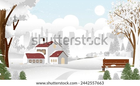 Christmas background,Winter landscapes blue sky,cloudscape,city park with cat sleeping on bench in the morning,Vector cartoon Night in the garden urban park with clouds,sky background
