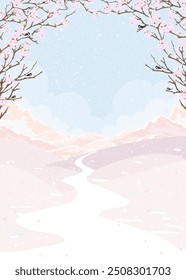 Christmas Background,Winter nature landscape with snow covered mountains, lake and pink cherry trees.Vector vertical Winter wonderland, snow for Xmas and Happy New Year greeting card 2025