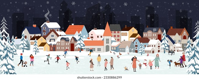 Antecedentes de Navidad, noche de invierno con la gente celebrando la víspera de Navidad en el parque de la ciudad. Tierra maravillosa de invierno en la ciudad con niños felices jugando al aire libre. Cartel vector para el nuevo año 2024