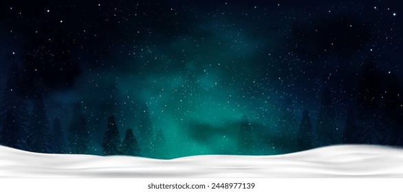 Christmas Background,Winter Night sky dark blue with starry,snowy in woodland landscape with firs,coniferous forest pine and falling snow,Vector Banner for Xmas,New year holidays 2025 greeting card