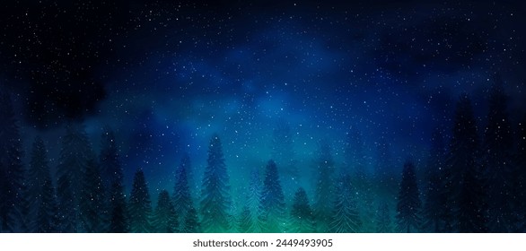 Christmas Background,Winter Night sky dark blue with starry,snowy in woodland landscape with firs,coniferous forest pine and falling snow,Vector Banner for Xmas,New year holidays 2025 greeting card