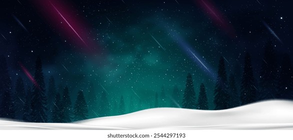 Christmas Background,Winter Night sky dark blue with starry,snowy in woodland landscape with firs,coniferous forest pine and falling snow,Vector Banner for Xmas,New year holidays 2025 greeting card