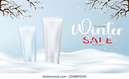 Christmas background,Winter Sale for 3d Cosmetic Product Display on Drifts,Snowflakes and Snow cover on Blue Background.Vector platform template for Xmas discount New Year 2025 design,Promotion