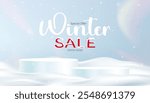 Christmas background,Winter Sale Product with 3d Podium Display on Drifts,Snowflakes and Snow cover on Blue Background.Vector platform template for Xmas discount New Year 2025 design,Promotion