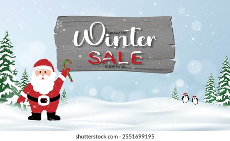 Christmas Background,Winter Sale with Santa and Penguin ice skating for Product Display on Drifts,Snowflakes,Snow on Blue Background.Vector platform template for Xmas,New Year discount banner