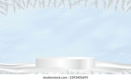 Christmas Background,Winter Scene of 3d Product Podium Display on Snow Drifts with Christmas Pine Branch Frame Border,Vector Backdrop Banner for Xmas Winter Sale,Discount,New Year 2024 