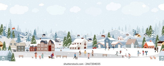 Christmas Background,Winter Village Landscape blue sky with snow on pine tree,house,Seamless Pattern City Night people celebration in the park,Vector Xmas horizon banner Winter wonderland for kid room