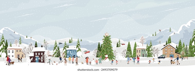 Christmas Background,Winter Village landscape blue sky with snowy people playing ice skate in city park celebrating on New Year,Vector Xmas horizon banner nature winter wonderland forest tree