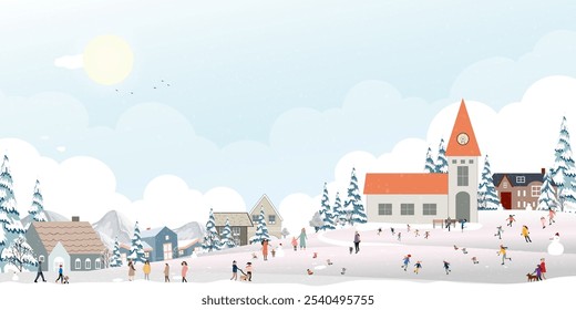 Christmas Background,Winter Village Landscape blue sky with snow on pine tree,house,Seamless Pattern City Night people celebration in the park,Vector Xmas horizon banner Winter wonderland for kid room