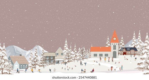 Christmas Background,Winter Village Landscape blue sky with snow on pine tree,house,Seamless Pattern City Night people celebration in the park,Vector Xmas horizon banner Winter wonderland for kid room