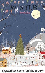 Christmas Background,Winter Village landscape blue sky with snowy people playing ice skate in city park celebrating on New Year,Vector Xmas Vertical banner nature winter wonderland forest tree