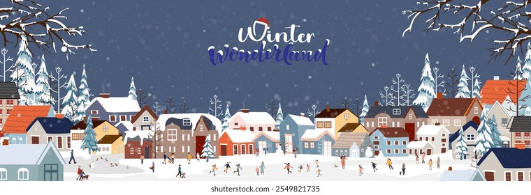 Christmas Background,Winter Village Landscape blue sky with snow on pine tree,house,Seamless Pattern City Night people celebration in the park,Vector Xmas horizon banner Winter wonderland for kid room