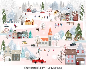 Christmas Background,Winter Village Landscape sky cloud, snow in street town.Vector illustration Cityscape People celebration Xmas eve in city park,Vector Horizon cartoon wallpaper Winter wonderland 