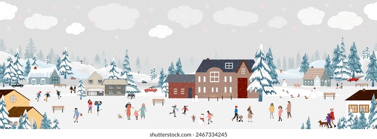 Christmas Background,Winter Village Landscape sky cloud and snow on tree.Seamless Pattern in City people celebration Xmas eve in the park,Vector Horizon wallpaper Winter wonderland for kid room